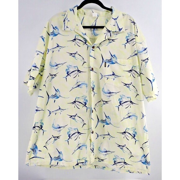 Palmwave Hawaii Men's Sz 3XL Medium Hawaiian Marlin Aloha Shirt Yellow Blue VTG - Picture 1 of 7